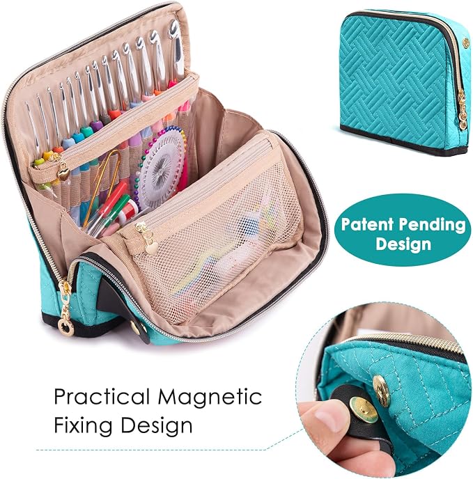 MYBAGZING Crochet Hook Case with 14 Size Crochet Hooks Set 2mm(B)-10mm(N) Ergonomic Crochet Hooks with Crochet Case Stand Up - Crochet Hook Organize for Crochet Lovers, Crochet Kit for Beginners
