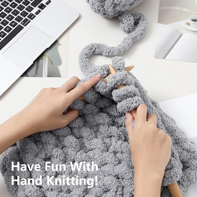 Cozyful Chunky Yarn for Hand Knitting - #10 Chunky Chenille Yarn, Jumbo Big Thick Chunky Yarns for Crocheting, Super Bulky Chunky Knit Blanket Yarns, 8 Skein (22 yds 8 oz Each Skein), Light Grey