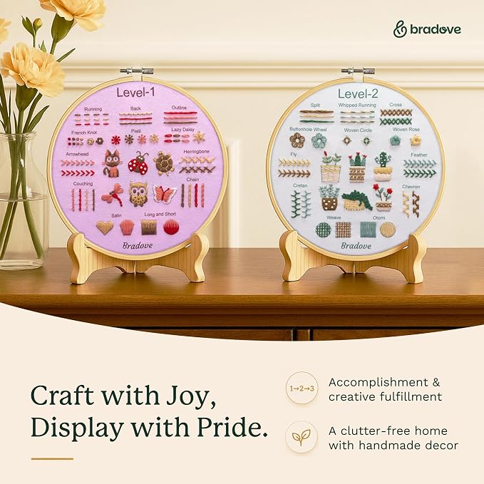 Bradove Beginner Embroidery Kit for Adults and Kids | Hand Embroidery Kit for Beginners with Patterns, Learn to Embroider Kit Adult Beginner, Stitches Practice, Learn to Sew
