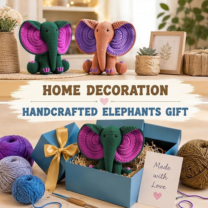 JYZJDKE Crochet Kit for Beginners Adults - DIY Amigurumi Elephant Knitting Starter Kit with Yarn Sets, Crochet Animal Kit Cute Stuffed Animal Craft Birthday Gifts (Dark Green+Flesh Pink Elephant)