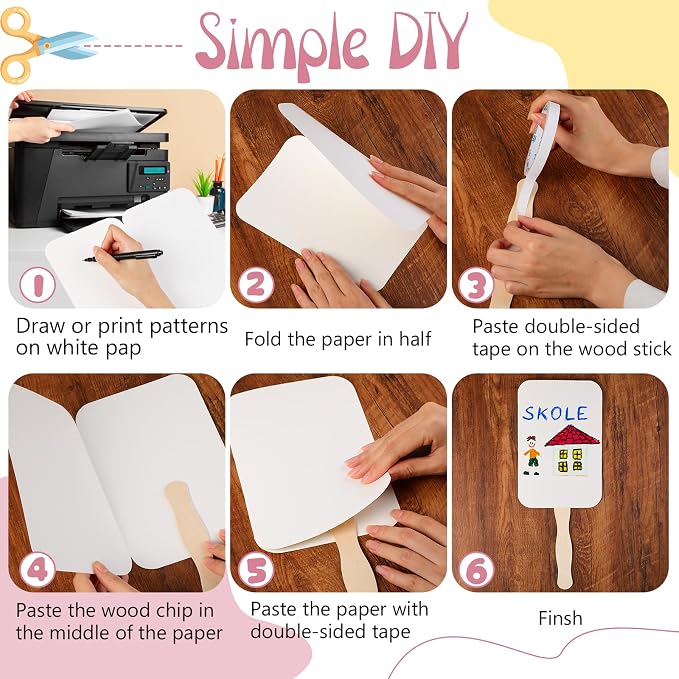 Taobary 50 Pieces DIY Paper Church Fans Handle Wooden Sticks for Wedding | Handheld Blank White Cardstock Craft Fans, Wavy Edge Design, Includes Tape for Events,Celebration,Decoration
