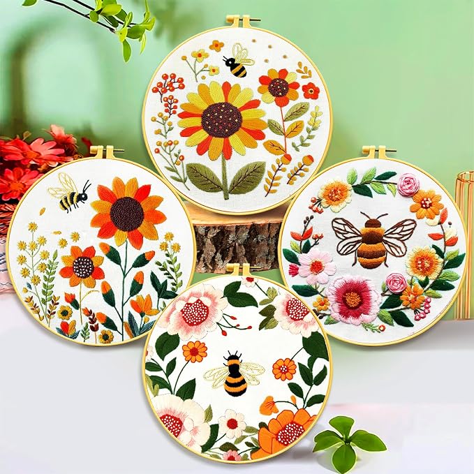 Zhenqing Bees & Flowers Embroidery Kit 11.4x11.4cm - 4-Piece Complete Cross Stitch Set with Pre-Printed Fabric, Threads, Hoop, Needles & Instructions | DIY Craft for Adults, Beginners-Friendly (C0046)