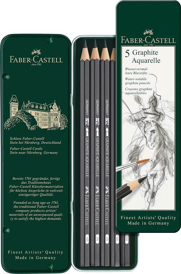 Faber-Castell 5 Piece Quality Water-Soluble Graphite Aquarelle Pencils in a Tin, Including HB, 2B, 4B, 6B and 8B, Grey
