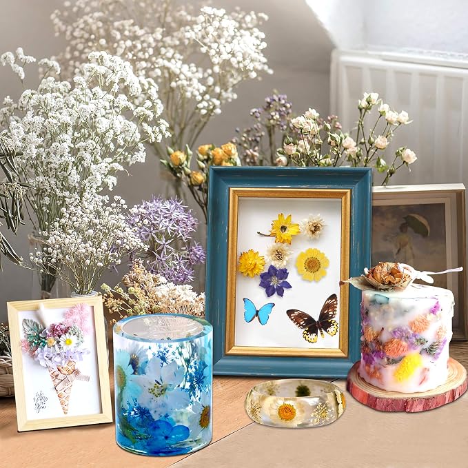 Augshy Real Dried Pressed Flower Set with Butterfly Transparent Stickers Scrapbook Decals Natural Dried Flowers Leaves with Tweezers for Resin Supplies DIY Candle Jewellery Making