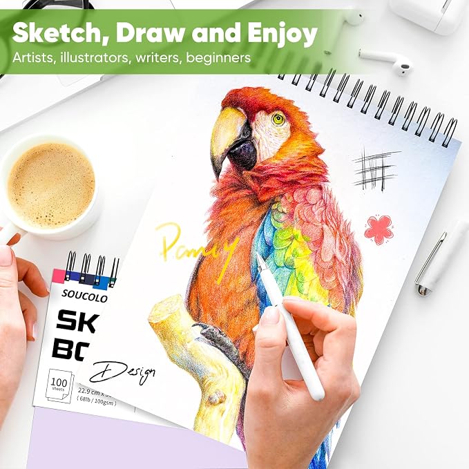 Soucolor 9x12 Sketch Book 2-Pack, 100 Sheets, Acid-Free, Spiral Bound | 68lb acid-free paper,micro-perforated pages,lay-flat spiral binding,ideal for kids, beginners & artists.Pink & purple 2-pack.