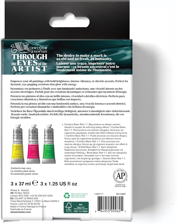 Winsor & Newton Winton Oil Color Paint Set, Fluorescent, 3 x 37ml Tubes | Artist pigments, Durable, Lightfast, Permanent, Uniform Consistency, Great Pigment Load