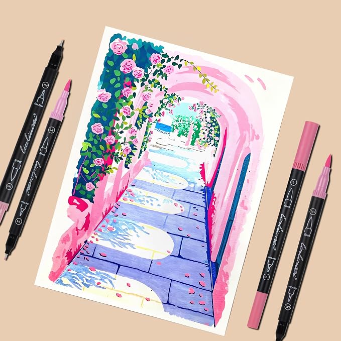LIULIUCAI 10 Pink Dual Markers, Fine & Brush Tip Pen for Adult Coloring