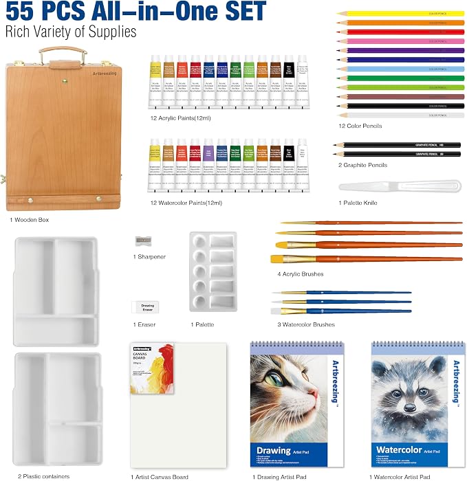 Mixed Media Art Set with Art Easel, Complete Art Supplies Kit | 55pc All-in-one Art Painting Kit, Tabletop Easel for Painting, Assorted Painting Supplies, Giftable Art Kit for Adults, Kids