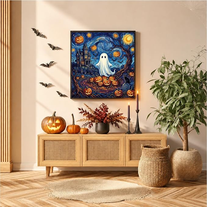 Mandun Halloween Ghost Paint by Numbers Kit for Adults, 16x16 inch | DIY Painting Kits Crafts for Adults, Relieve Stress, Frame Canvas, Wooden Easel, Gift Box, Home Wall Decor