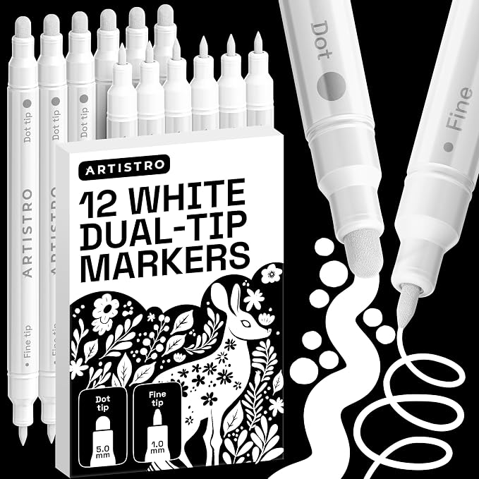 ARTISTRO White Dual-Tip Acrylic Paint Marker Pens - Set of 12 | For Fabric, Rock, Glass, Wood, & Coloring Books, Arts & Crafts Gift, Classroom Must Haves & School Supplies (Dot & Fine Tips)