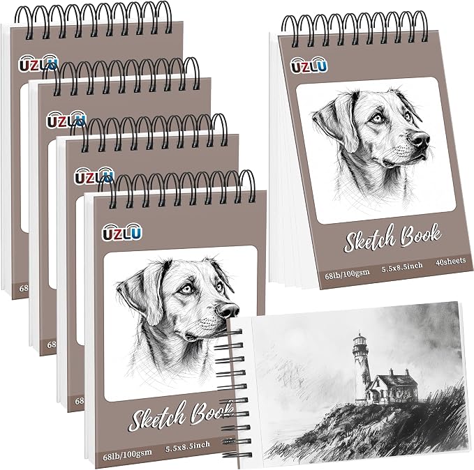 5 Pcs Sketch Books Bulk 5.5 x 8.5 in 200 Sheets Top Spiral Bound Sketch Pad Drawing Paper 40 Sheets Each Acid Free Mixed Media Sketchbook 68lb/100gsm Art Supplies for Beginner Artist