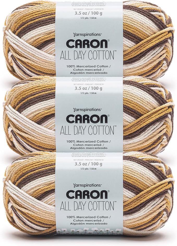 Caron All Day Cotton Prints Yarn for Crocheting, Chipping Sparrow, 3-Pack | #4 Worsted Yarn, 100% Mercerized Cotton, Soft Crochet Yarn for Knitting, Amigurumi & Crafts, 173yds, 100g/3.5oz per skein