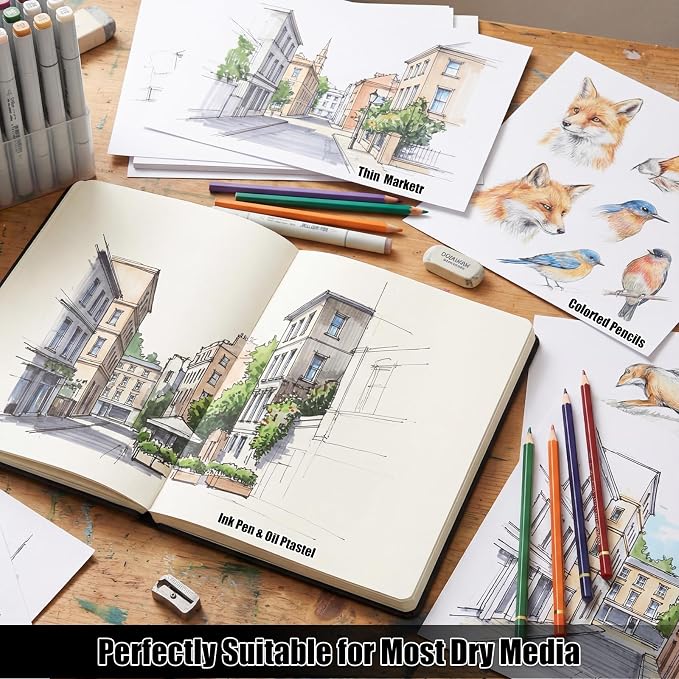 Hardcover Sketchbook 5×7 in, 180 GSM, 80 Sheets/160 Pages, Black | Acid-Free Heavy Paper, Pu Cover, Perforated Pages, Elastic Closure, Back Pocket, for Drawing & Sketching