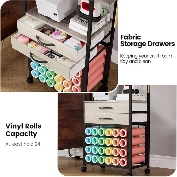 VENNQD Organizer and Storage Stand Compatible with Cricut Machines,Rolling Storage Cart/Shelf with 24 Vinyl Roll Holders，2 Fabric Drawer,Accessories Holder,Tool Hook for Craft Room Home (Greige)