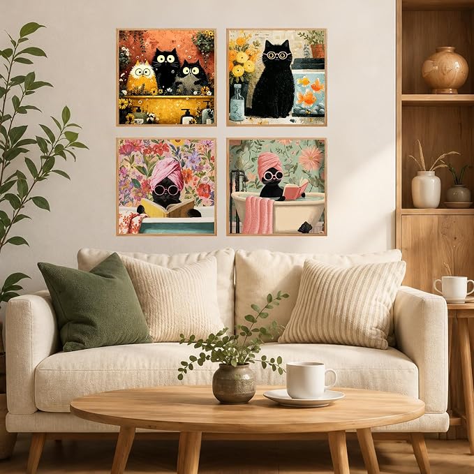 AUKELHJ 4 Pack Framed Paint by Numbers Kit for Adults, Cat, 8x8 inch