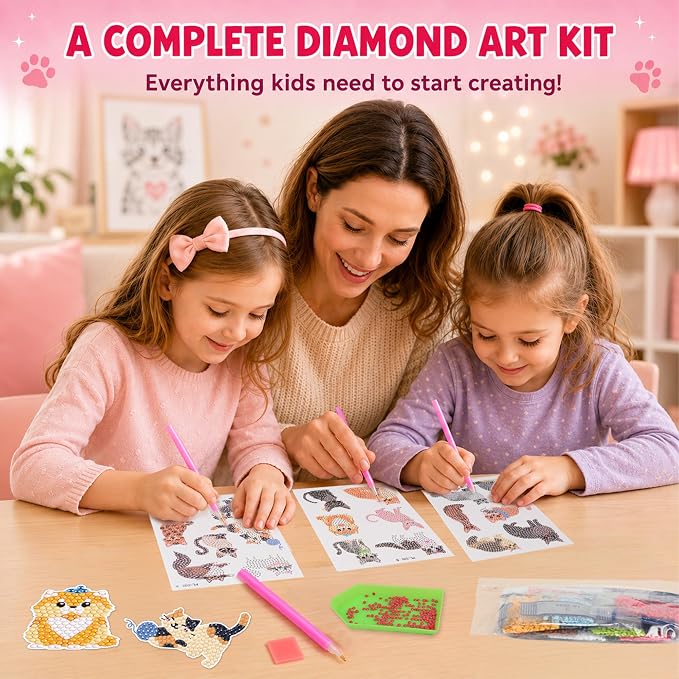 Labeol Diamond Art Kits for Kids Boys and Girls Ages 6-8-10-12 Easy to DIY Creative Diamond Art Sticker Craft by Numbers Kits for Kids and Adult Beginners (Cat)