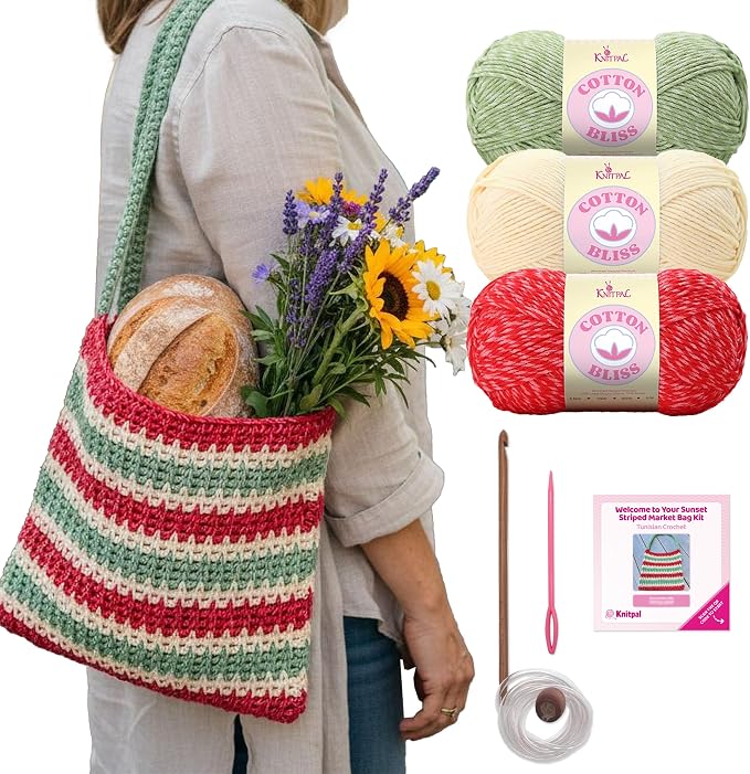KnitPal Sunset Striped Market Bag Tunisian Crochet Bag Kit for Beginners