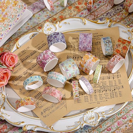 PAGEMORE 32 Rolls Washi Tape Set, Colored Floral Decorative Masking Tape, Artists Tapes for Junk Journal, Journaling, DIY Craft Projects, Scrapbooking Supplies Decor