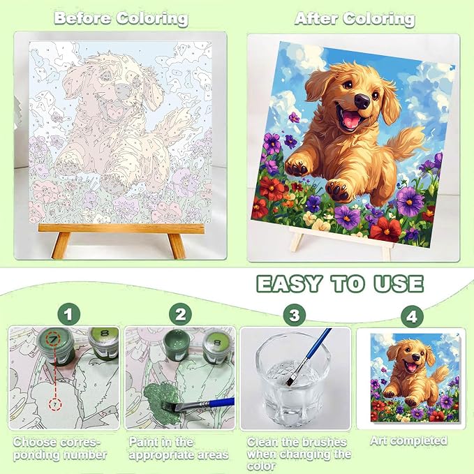 Dog Paint by Numbers Kit for Kids with Frame - Cute Dog Paint by Number for Kids, Kid Painting by Number Kits Age 8-12 for Home Wall Decor 8X8inch (with Wooden Easel)