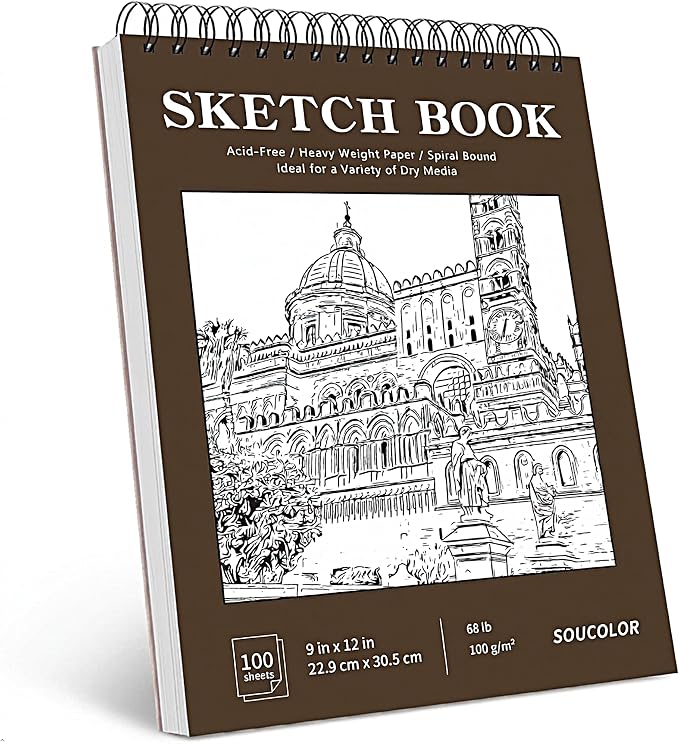 Soucolor Sketch Book 9x12, 100 Sheets Drawing Pad, Art Sketchbook for Kids | 68lb acid-free Paper,no bleed-through, clean erase, top spiral lay-flat, micro-perforated, for kids, adults, all skill levels