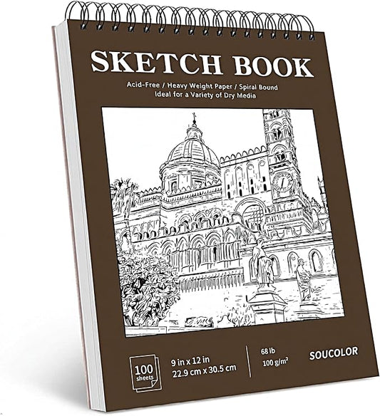 Soucolor Sketch Book 9x12, 100 Sheets Drawing Pad, Art Sketchbook for Kids | 68lb acid-free Paper,no bleed-through, clean erase, top spiral lay-flat, micro-perforated, for kids, adults, all skill levels