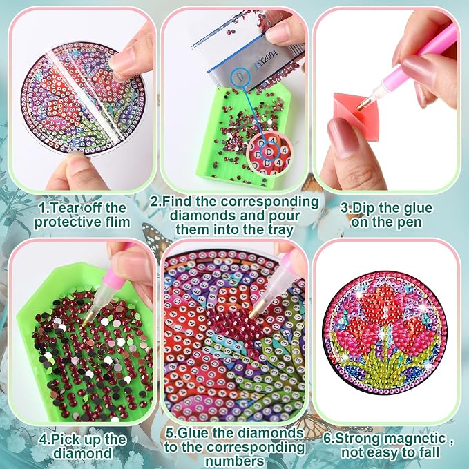Zonon 12 Pcs Diamond Art Magnets for Refrigerator, Floral Diamond Painting | Pre-made Flower Designs for Fridge Decor, Colorful Floral Craft Kits for Adults, Strong Magnetic Stickers for Home