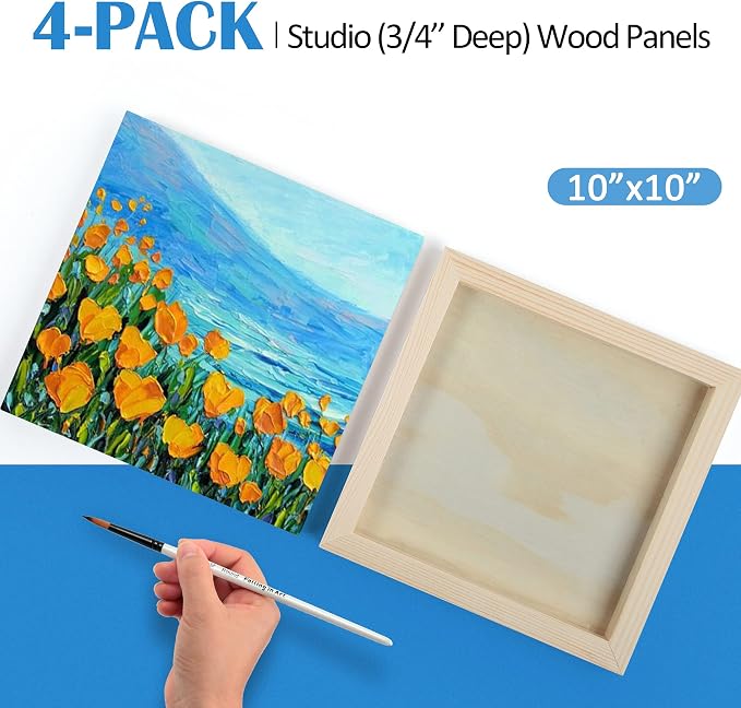 Falling in Art 4 Pack 10x10’’ Unfinished Birch Wood Panels Kit for Painting | Studio 3/4’’ Deep Wooden Canvas, Cradle Boards for Acrylic Pouring, Art, Crafts, Epoxy Resin, Laser Engraving Cutting