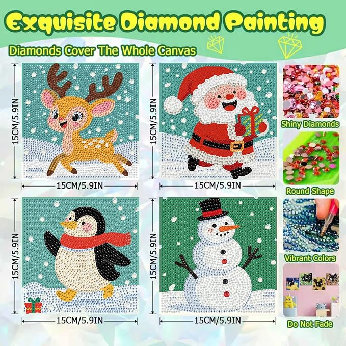 ICYANART 4 Pack Christmas Diamond Art Painting Kits for Kids 6x6 Inch | Christmas Diamond Art Kits for Kids Ages 4-8-12, Small Diamond Art Kits, Arts and Crafts for Kids(no Frame)