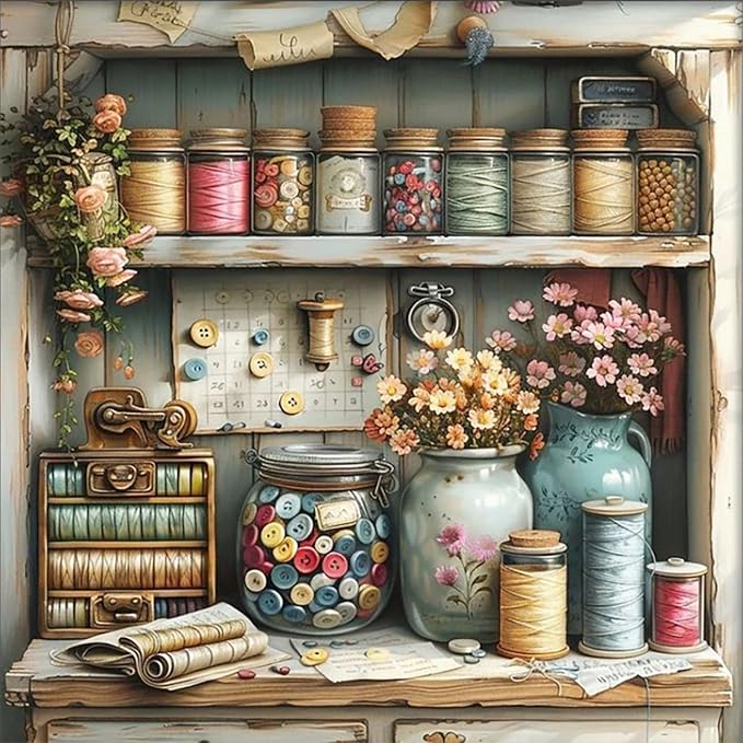 Vintage Sewing Room with Buttons Jar Diamond Art Kits for Adults,5D Diamond Painting Kits for Beginners,DIY Round Full Drill Diamonds Gem Art Crafts for Home Wall Decor Gifts 14x14 Inch