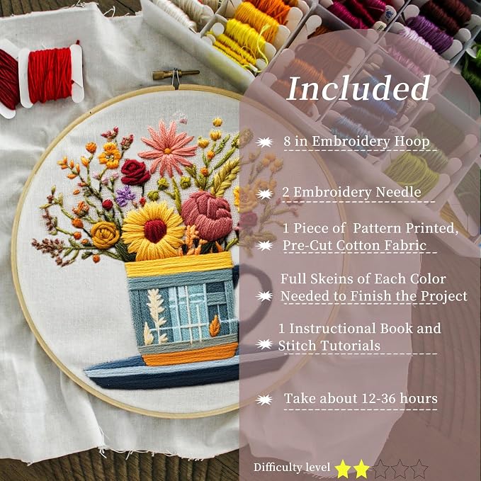 FONNUY Floral Embroidery Kit for Beginners, Colorful Flowers Pre-Stamped Pattern Kits for Adults with Hoop, Thread Needlework, 8'' Hoop (Cup)