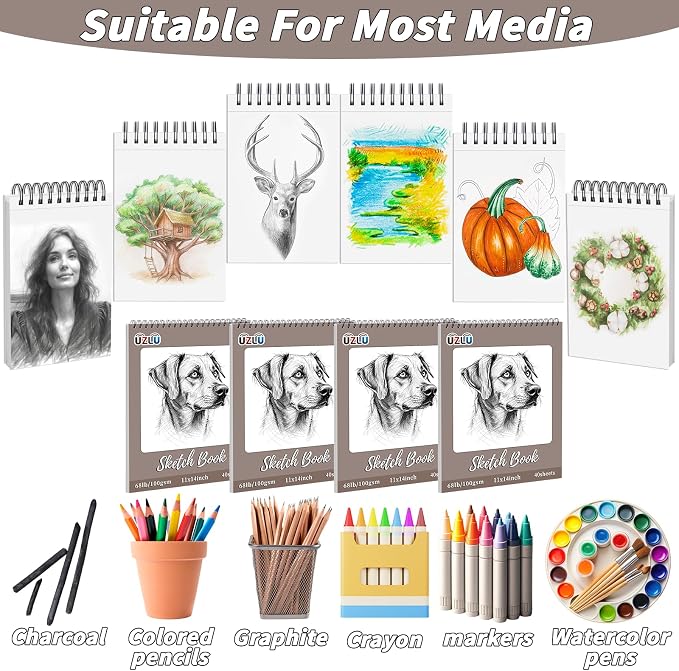 8 Pcs Sketch Books Bulk 11 x 14 in 320 Sheets Top Spiral Bound Sketch Pad Drawing Paper 40 Sheets Each Acid Free Mixed Media Sketchbook 68lb/100gsm Art Supplies for Beginner Artist