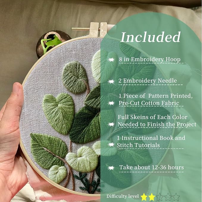 FONNUY Green Plants Embroidery Kit, Cross Stitch Kits for Beginners, Handmade Crafts with Printed Patterns for Beginner Adults, Easy to Follow Color Thread Needlework, 8'' Hoop (Luxuriant)