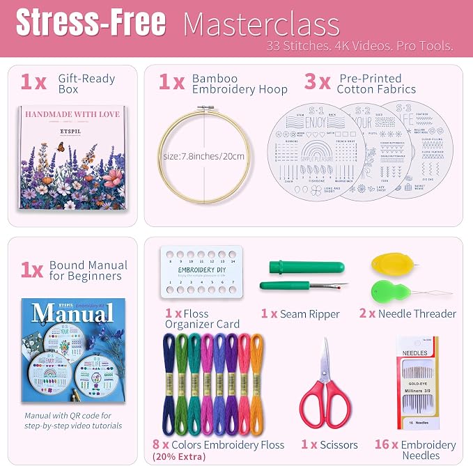 ETSPIL Beginner Embroidery Kit for Adults, No-Wash Finish, 4K Video | Pre-Printed, Guides Vanish. 20% Extra Floss, Bound Manual. All Tools Included. Gift-Ready. Relaxing Craft at Home