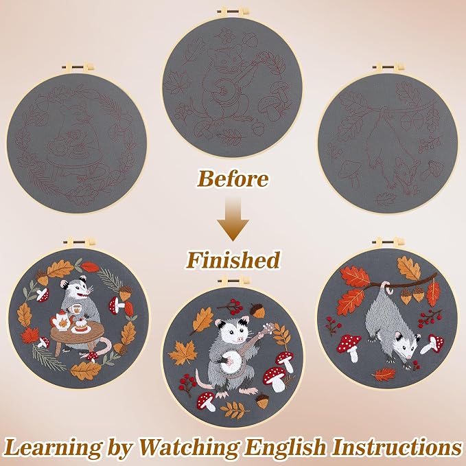 Mindsoft 3 Set Needlepoint Kit for Beginners with Hoop,Autumn Possum | Bamboo Hoop Thread Needles Instructions, Easy Hand Embroidery for Beginners Home Crafts,Pre-stamped Funny Cute Designs
