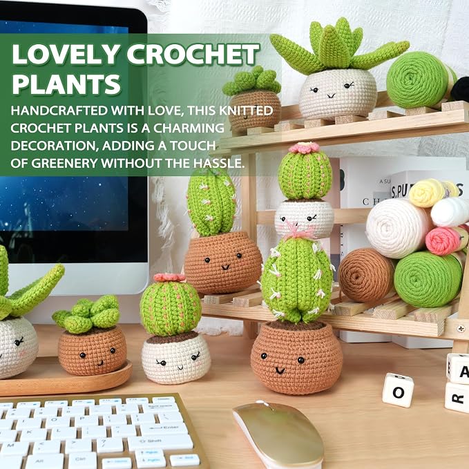 Crochet Kit for Beginners - Crochet Starter Kit with Step-by-Step Video Tutorials, Learn to Crochet Kits for Adults, DIY Knitting Supplies, 4 Pack Plants(40%+ Yarn)