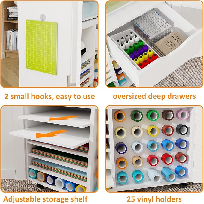 Craft Cart Cabinet Compatible with Cricut for Storage Organization, Rolling Craft Cabinet Table Stand Workstation with Vinyl Roll Holder with Wheels for Craft Room Organizer 31.6"W x 15.8"D x 33.7"H