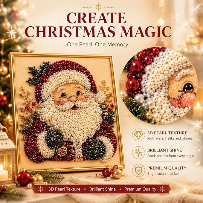 DIY Christmas Pearl Diamond Art Painting Art Kit with Frame, Cute 3D Christmas Pearl Beads Art Craft for Adults Beginner, Holiday Christmas Wall Decor, Healing Stress-Relieving