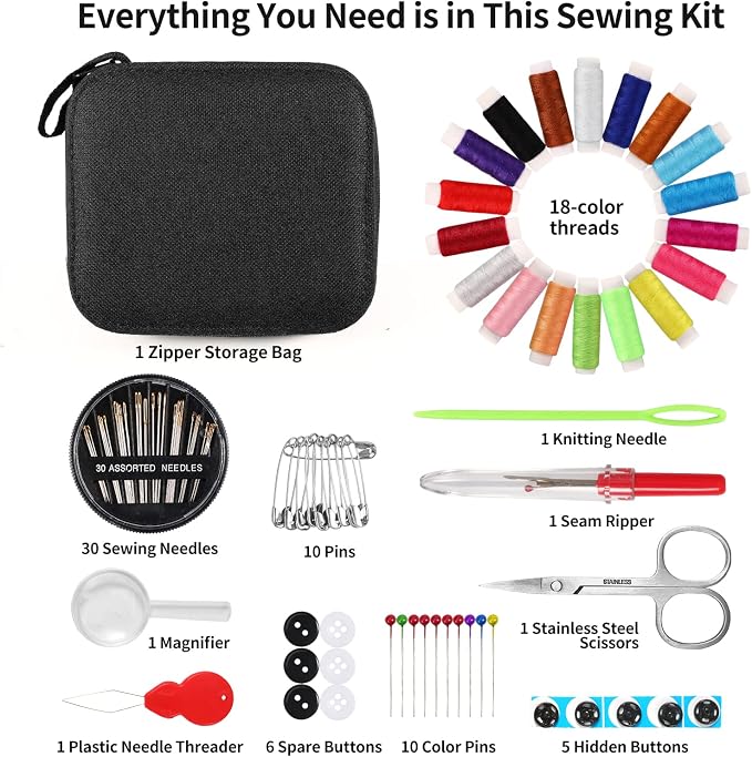 Marcoon Sewing Kit for Adults, Portable Needle & Thread Repair Kit | Basic Sewing Supplies & Accessories Set, Beginner‑Friendly for Travel Emergency Home College Dorm Essentials (Black, S)