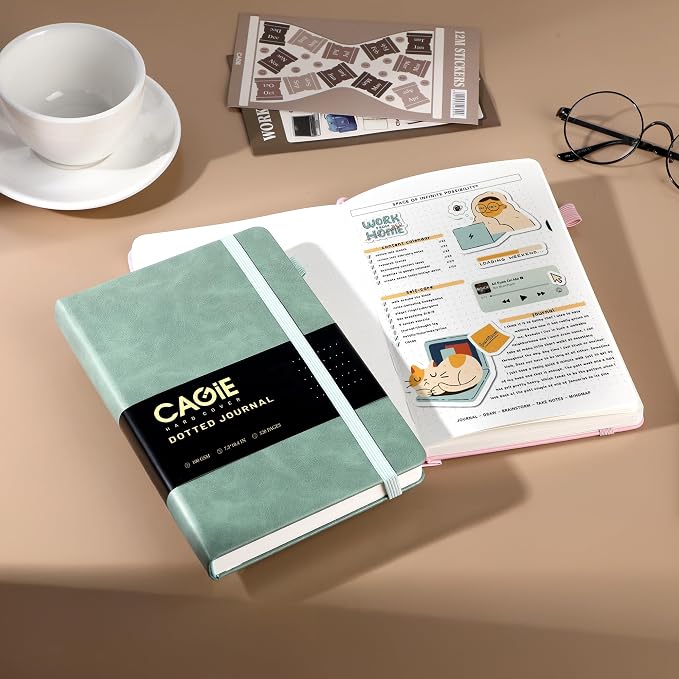 CAGIE Bullet Dotted Journal Notebook 320 Pages 100 GSM Paper Hardcover B5 Dot Grid Notebook Leather Journals for Writing Women Men Work Journaling, Green