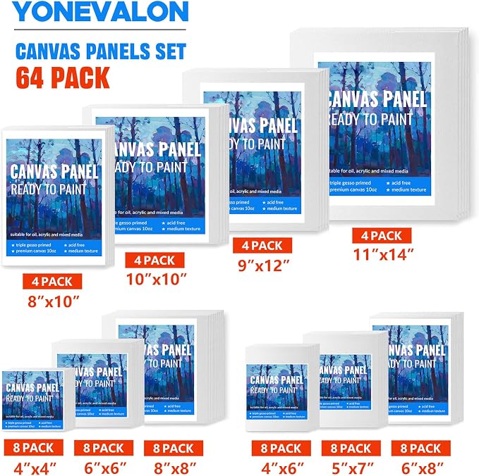 Canvas for Painting, 64 Pack Multi-Size Painting Canvas Board Art Supplies | 4x4 4x6 5x7 6x6 6x8 8x8 8x10 10x10 9x12 11x14 Canvases, Primed Acid-Free 100% Cotton for Acrylic, Oil, Watercolor