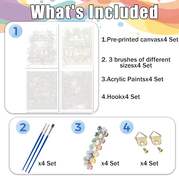 Hutarosl 4 Pack Paint by Numbers Kit for Adults Plant- Bookshelf Paint by Number Adult, Canvas Painting by Numbers for Adults Perfect for Gifts Home Wall Decor 12x16inch
