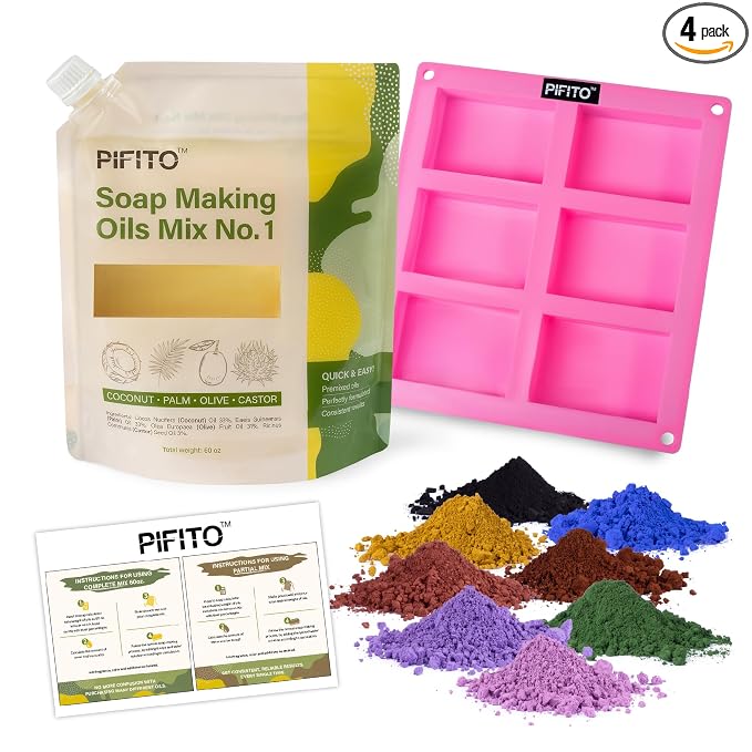 Pifito Cold Process Soap Making Kit │ Oils Mix No. 1 60 Oz Blend of Pre-Measured Oils, 8-Pack Colorants Sampler, Mold and Instructions. DIY Soap Making Supplies