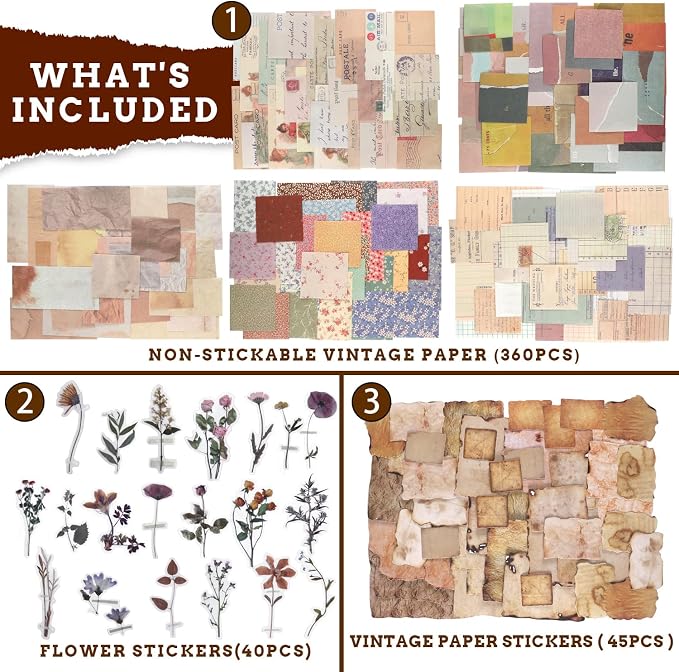 GNILLKO 445 PCS Vintage Scrapbook Supplies Kit | Scrapbook Paper Junk Journal Supplies with 40 Sheet Flowers Stickers for Planner, Bullet Journaling, Junk Journal