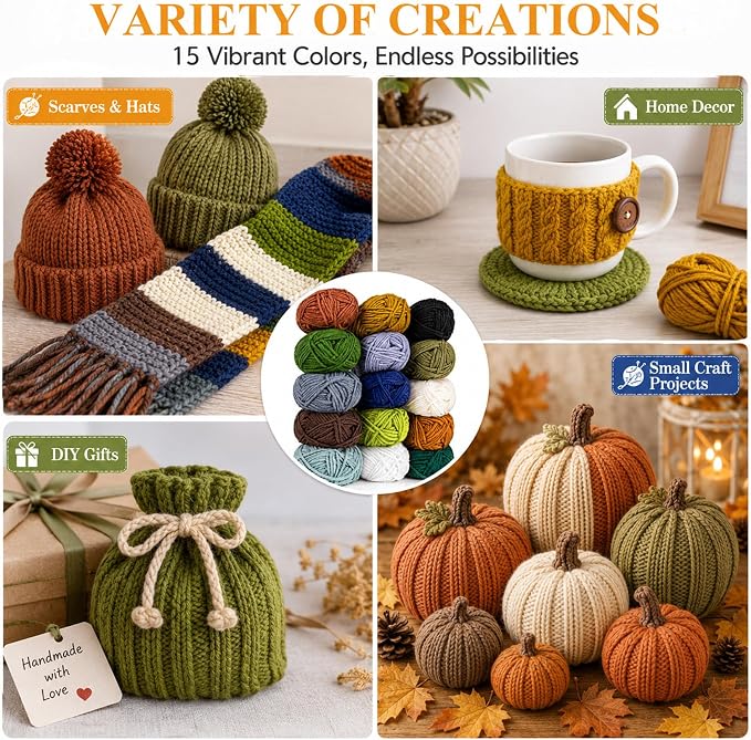 MAQIHAN 15x20g Acrylic Yarn for Knitting - Soft Crochet Yarn for Crafts | Multicolor Yarn Skeins for for Handicraft, Bulk for Crochet & Knitting Beginners, Adults, Assorted Colors for Handmade Crafts