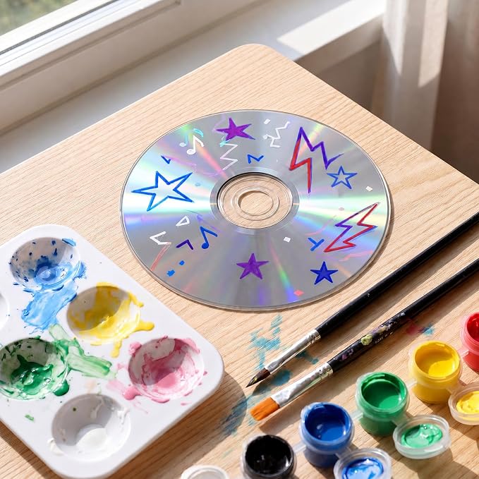 Sabary 29 Pcs DIY CD Painting Kit Painting Gift Includ 24 Pcs 4.72'' Blank Cds 12 Colors Acrylic Paint with 2 Brushes Ideal for CD Art Craft Kit for Creative Projects Home Decor Activities