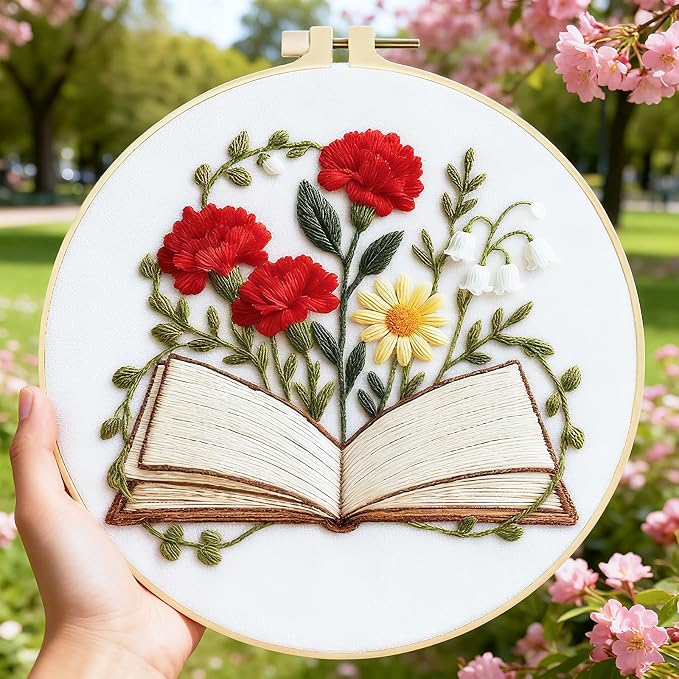 BEUNITONE 6 Set Books Flowers Embroidery Kit for Adult Beginners with Hoops and Instructions Literary Themed Needlepoint Craft Kits Complete DIY Handmade Cross Stitch Set for Book Lovers Home Decor