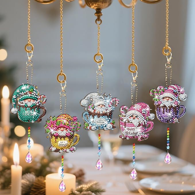 JeCuiK 6 Pcs Diamond Art Christmas Ornaments Gnomes Coffee Diamonds Painting Keychain Kits Double Sided Diamond Art Kits for Adults Xmas Decoration Diamonds Painting Wind Chimes DIY