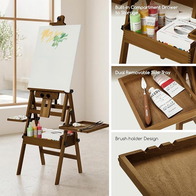 MEEDEN Painting Easel with Storage and Tray: H-Frame Beech Wood Art Easel | Easel Stand for Adults, Artists, Students, Beginners - Adjustable 50"-80" H, Holds Canvas Up to 47 Inches