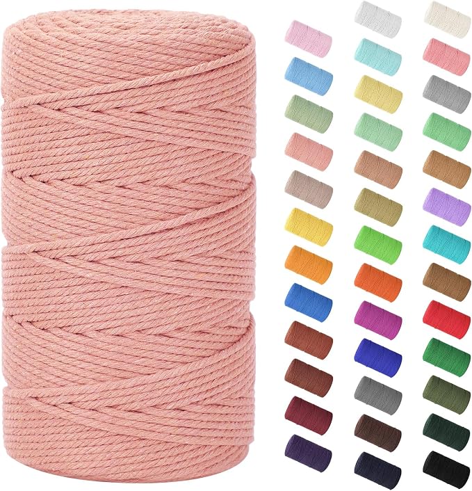 HOMEBOBO Macrame Cord 3mm x 220Yards (656Feet)Natural Cotton Macrame Rope - 4 Strands Twisted Macrame Cotton Cord for Wall HangingPlant HangersCraftsGift Wrapping and Wedding DecorationsMeat Pink