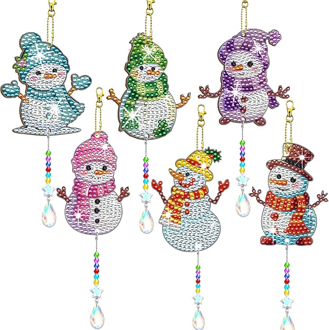 JeCuiK 6 Pcs Diamond Art Christmas Ornaments Snowman Diamond Painting Keychain Kits Double Sided Diamond Art Kits for Adults Xmas Decoration Diamond Painting Wind Chimes DIY